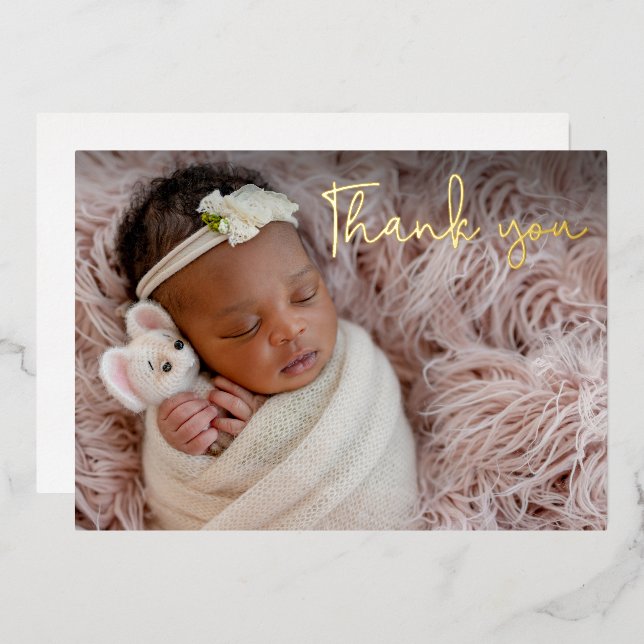 Elegant Baby Girl Photo Thank you Script Gold Foil Holiday Card (Front/Back)