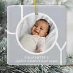 Elegant Baby Girl's First Christmas Photo Grey Ceramic Ornament<br><div class="desc">This elegant Baby Girl's First Christmas Photo Ornament is decorated with the word JOY on a grey background.
Easily customisable with your photo,  name,  and year.</div>