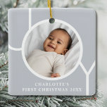 Elegant Baby Girl's First Christmas Photo Grey Ceramic Ornament<br><div class="desc">This elegant Baby Girl's First Christmas Photo Ornament is decorated with the word JOY on a grey background.
Easily customisable with your photo,  name,  and year.</div>