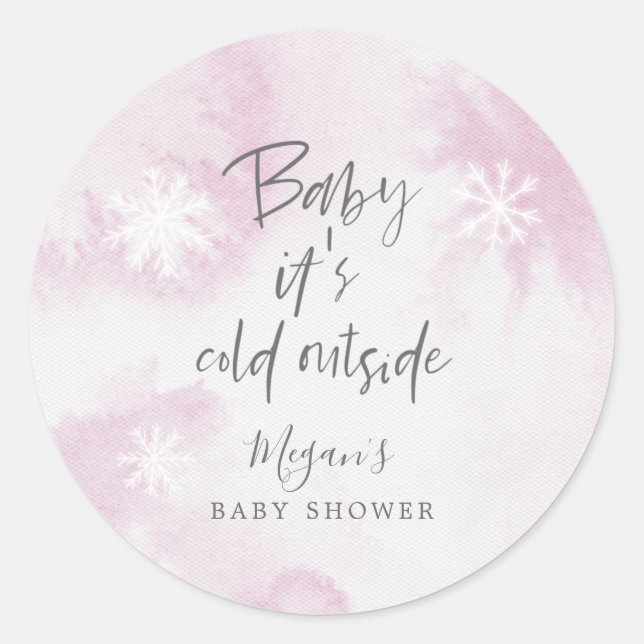 Elegant Baby It's Cold Outside Pink Baby Shower Classic Round Sticker (Front)
