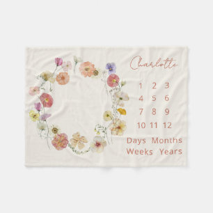 Elegant Baby Milestone Floral Wreath Watercolor Fleece Blanket