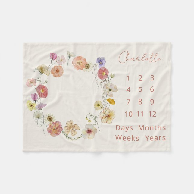 Elegant Baby Milestone Floral Wreath Watercolor Fleece Blanket (Front (Horizontal))