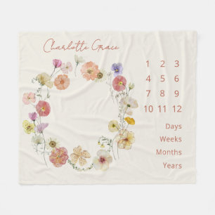 Elegant Baby Milestone Floral Wreath Watercolor Fleece Blanket