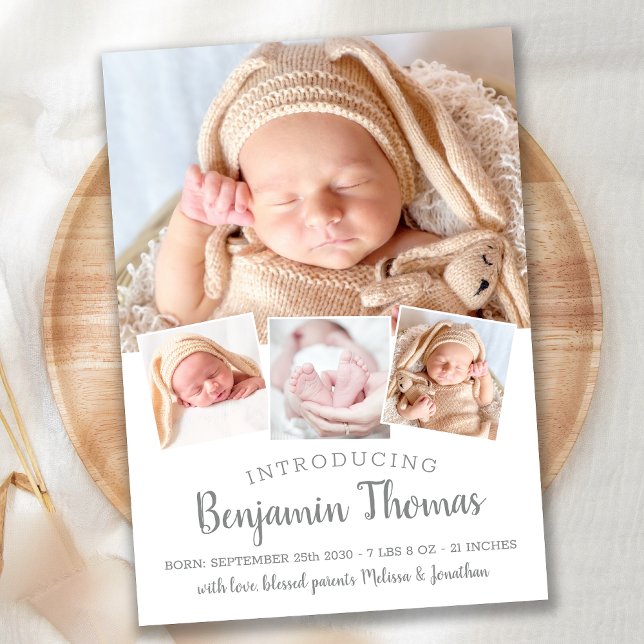 Elegant Baby Personalised 4 Photo Collage Birth Announcement (Creator Uploaded)