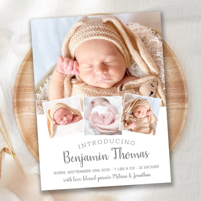 Elegant Baby Personalised 4 Photo Collage Birth Announcement Postcard (Creator Uploaded)