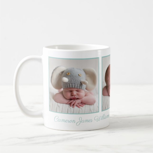 Elegant Baby Photo Collage Mint Green Script Coffee Mug (Left)