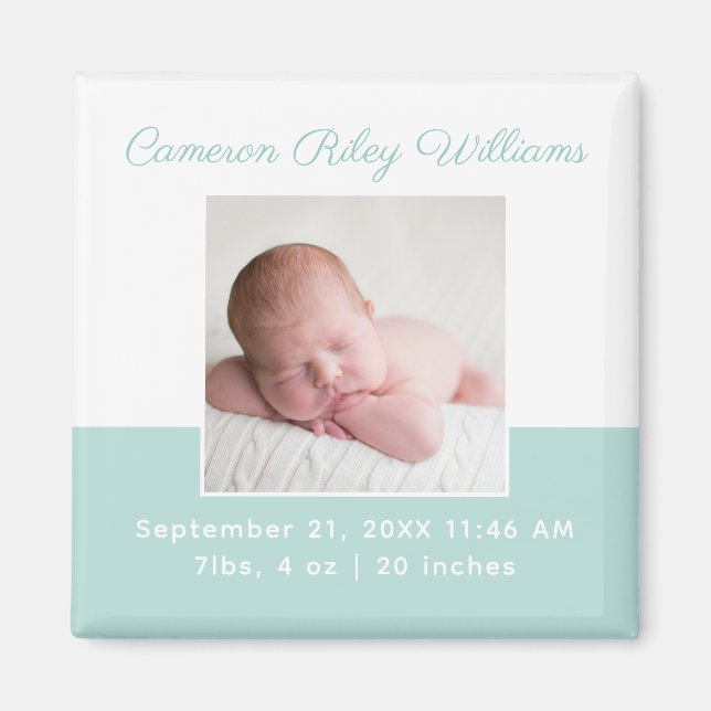 Elegant Baby Photo Mint Green Birth Announcement Magnet (Front)