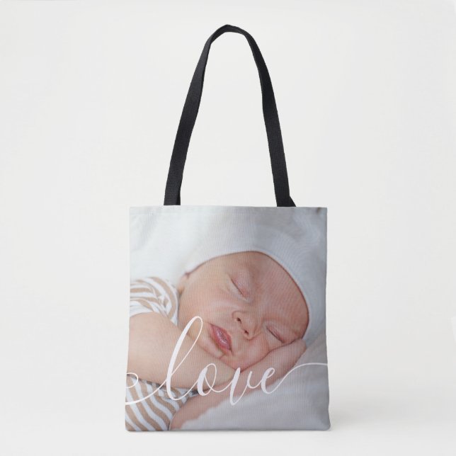 Elegant Baby Photo Modern Script Tote Bag (Front)