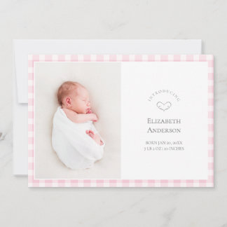 Elegant Baby Pink Gingham 2 Photo Girl Birth Announcement