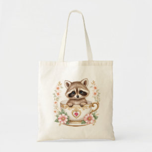 Elegant Baby Racoon in Teacup - Floral Design - Tote Bag