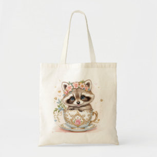Elegant Baby Racoon in Teacup - Floral Design - Tote Bag