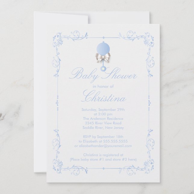 Elegant Baby Rattle Boy Baby Shower Invitation (Front)