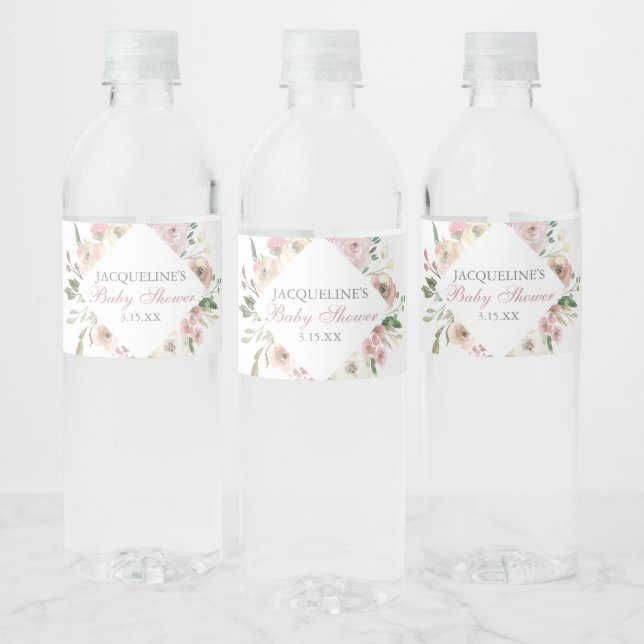 Elegant Baby Shower Blush Pink Floral Custom Water Bottle Label (Bottles)