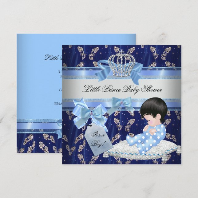 Elegant Baby Shower Boy Blue Little Prince Crown 2 Invitation (Front/Back)