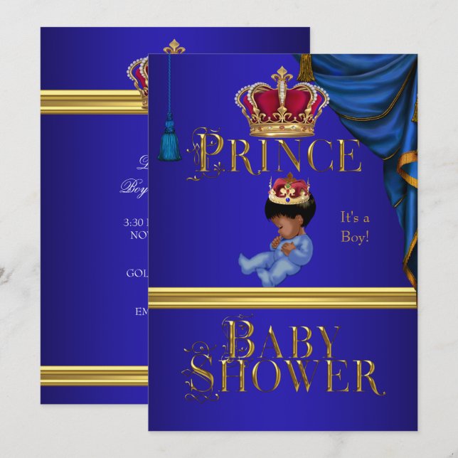 Elegant Baby Shower Boy Blue Little Prince Crown 2 Invitation (Front/Back)