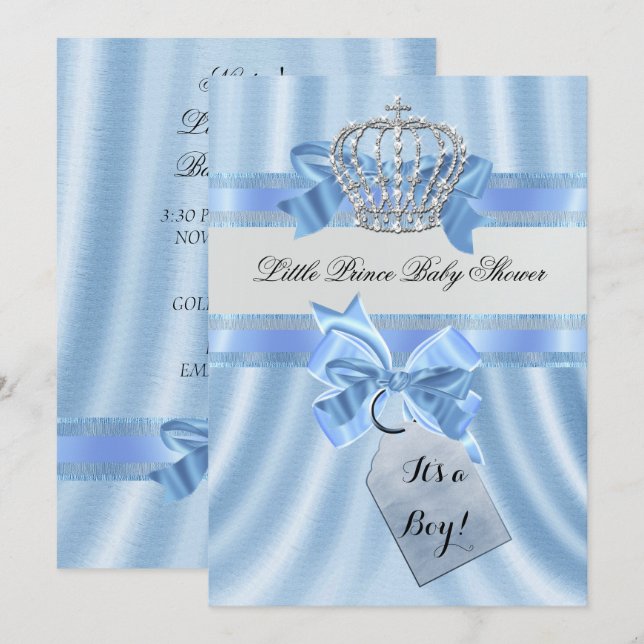 Elegant Baby Shower Boy Blue Little Prince Crown Invitation (Front/Back)