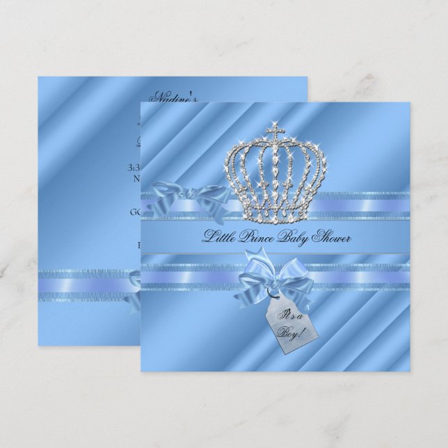 Elegant Baby Shower Boy Blue Little Prince Crown Invitation (Front/Back)