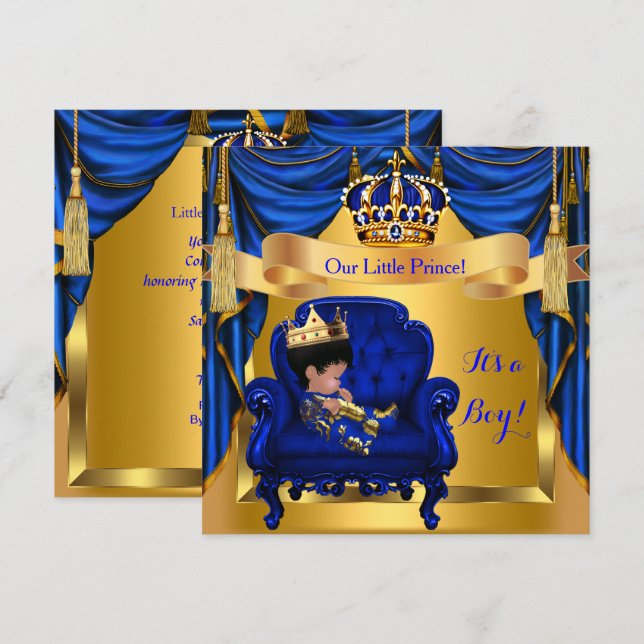 Elegant Baby Shower Boy Prince Royal Blue Gold Invitation (Front/Back)