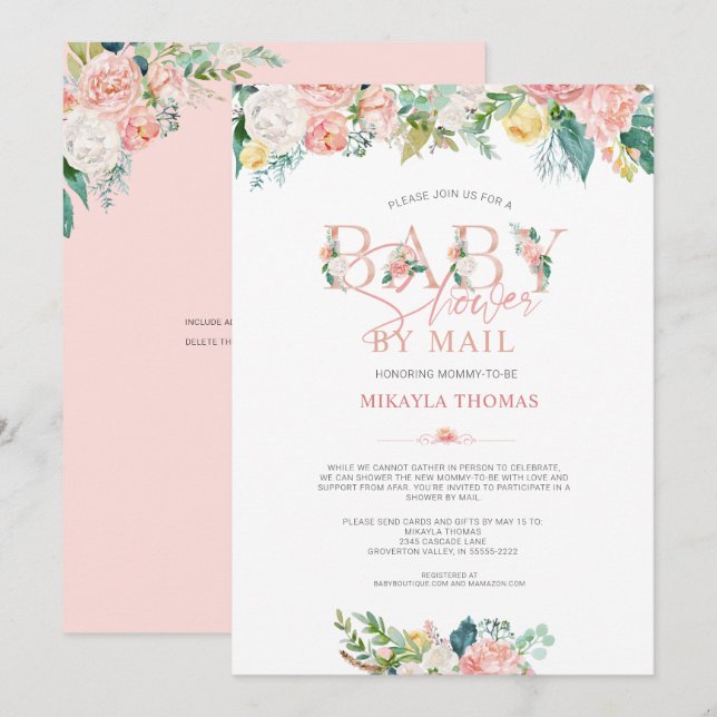 Elegant Baby Shower by Mail Rose Gold Pink Floral Invitation (Front/Back)