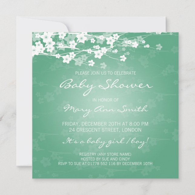 Elegant Baby Shower Cherry Blossom Mint Invitation (Front)