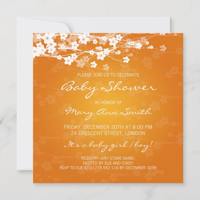 Elegant Baby Shower Cherry Blossom Orange Invitation (Front)