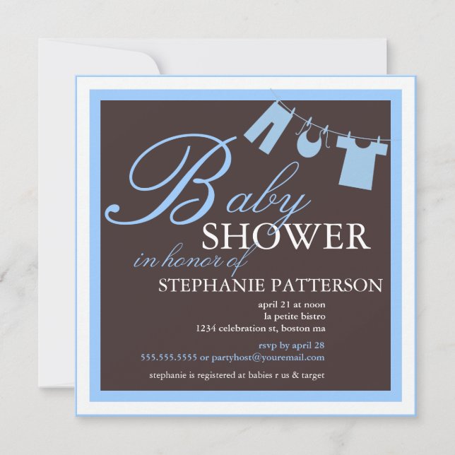 Elegant Baby Shower Clothes Line Blue Invitation (Front)