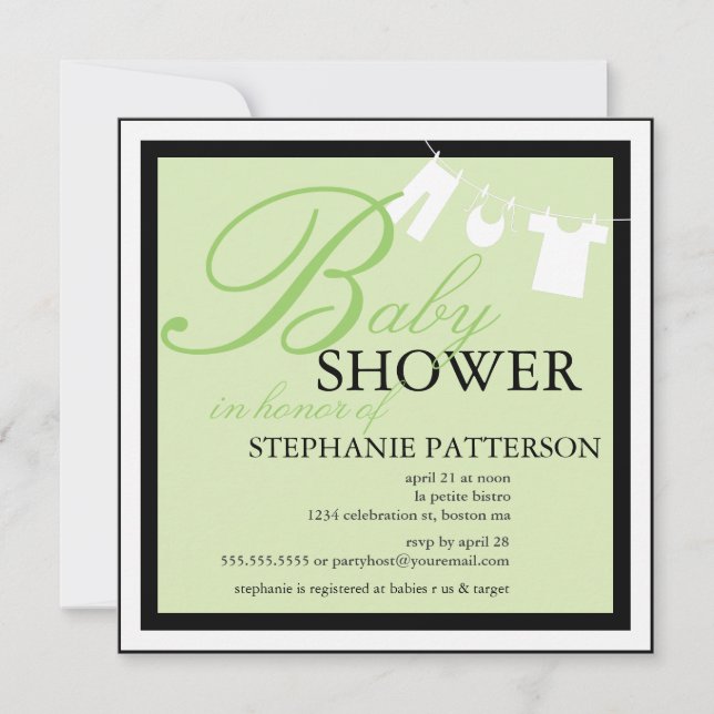 Elegant Baby Shower Clothes Line Green Invitation (Front)