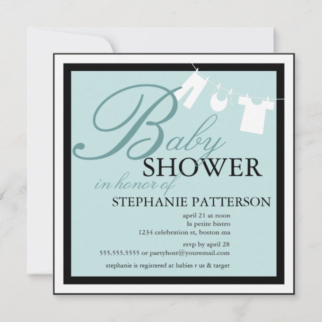 Elegant Baby Shower Clothes Line Teal Invitation (Front)
