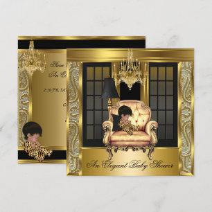 Elegant Baby Shower Damask Chandelier Gold Chair 3 Invitation
