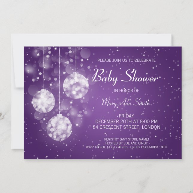 Elegant Baby Shower Festive Baubles Purple Invitation (Front)
