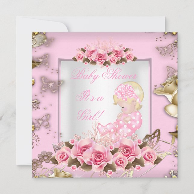 Elegant Baby Shower Girl Pink Roses Gold Blonde 2 Invitation (Front)