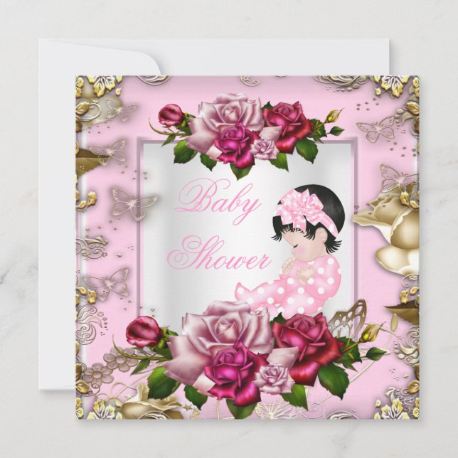 Elegant Baby Shower Girl Pink Roses White Gold Invitation (Front)