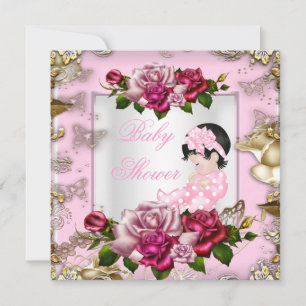 Elegant Baby Shower Girl Pink Roses White Gold Invitation