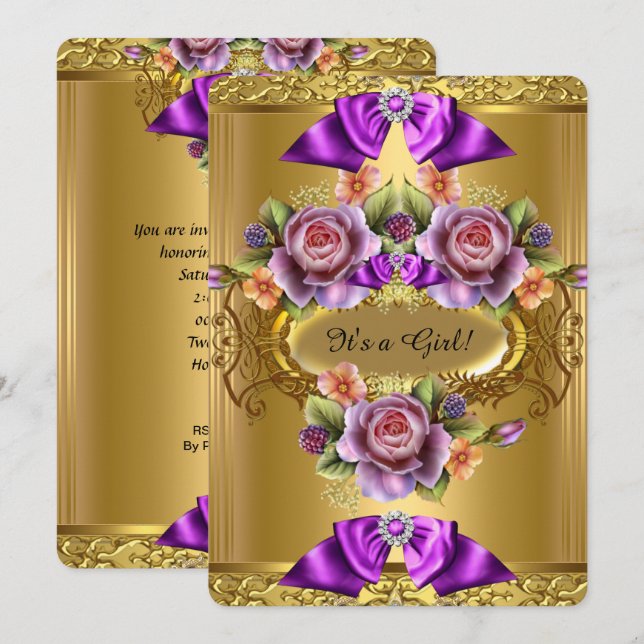 Elegant Baby Shower Girl Purple Pink Gold Roses 2 Invitation (Front/Back)