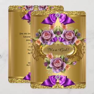Elegant Baby Shower Girl Purple Pink Gold Roses 2 Invitation
