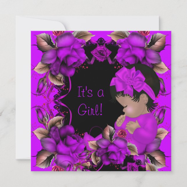 Elegant Baby Shower Girl Purple Pink Rose Flowers Invitation (Front)