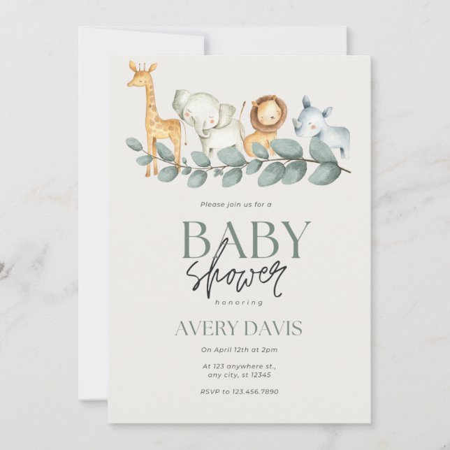 elegant baby shower invitation cute animals (Front)