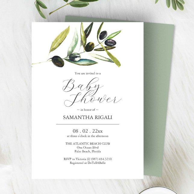 Elegant Baby Shower Invitations Watercolor Olive (Olive branch baby shower invitations watercolor art by Victoria Grigaliunas Do Tell A Belle)