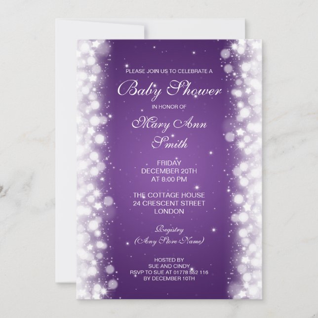 Elegant Baby Shower Magic Sparkle Purple Invitation (Front)