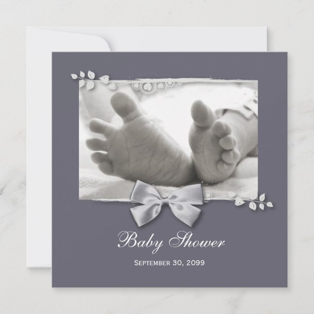 Elegant Baby Shower New Baby Feet With Silver Bow Invitation (Front)