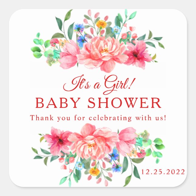 Elegant Baby Shower Pink Rose Flower Square Sticker (Front)