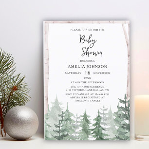 Elegant Baby Shower Watercolor Pine-Tree Winter Invitation