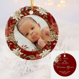 Elegant Baby's First Christmas Birth Stats Photo Ceramic Tree Decoration