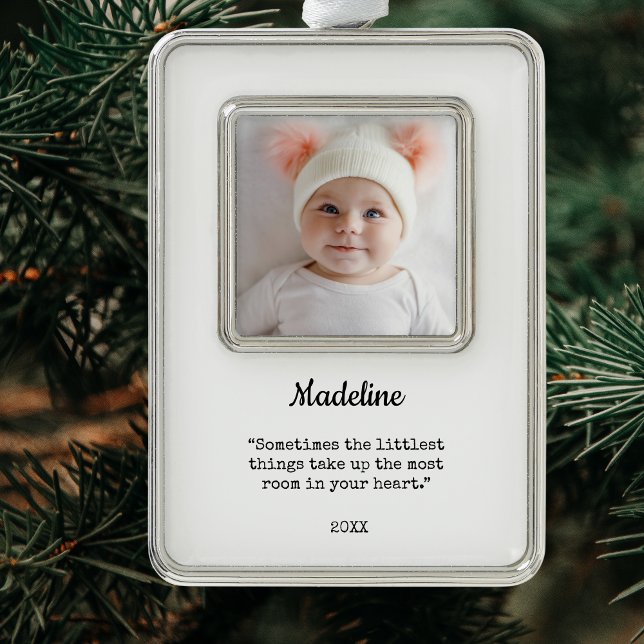 Elegant Baby's First Christmas  Photo Silver Plated Framed Ornament (Elegant Baby's First Christmas Photo Christmas Ornament )