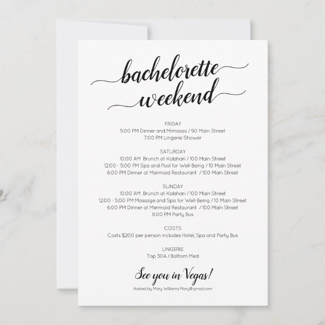 Elegant Bachelorette Weekend Itinerary Invitation (Front)