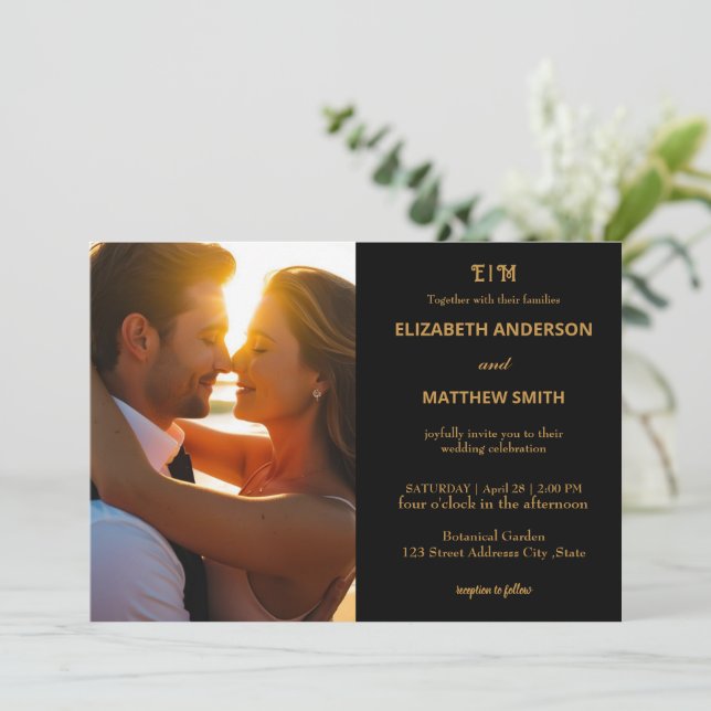 Elegant Back & gold chic photo romantic wedding Invitation (Standing Front)