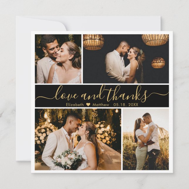 Elegant Back Gold Script Photo Collage Wedding  Th Thank You Card (Front)
