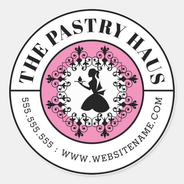 Elegant Baker Silhouette Curved Text Classic Round Sticker (Front)
