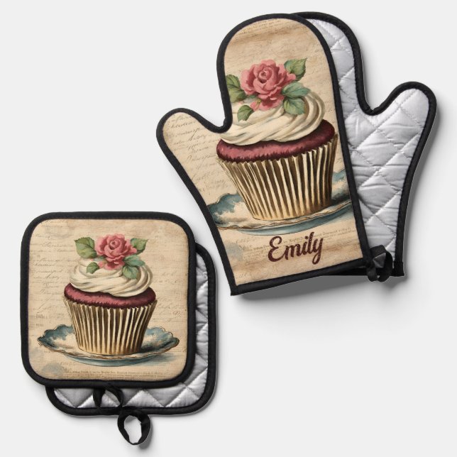 Elegant Bakery Pastry Chef Cupcake Baker  Baking Oven Mitt & Pot Holder Set (Front/Back)