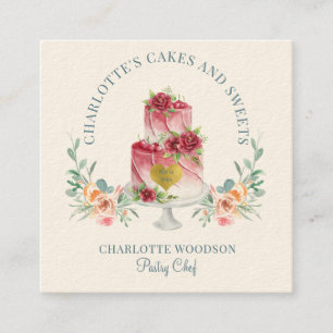 Elegant Bakery Pastry Chef Watercolor Floral Cake  Square Business Card